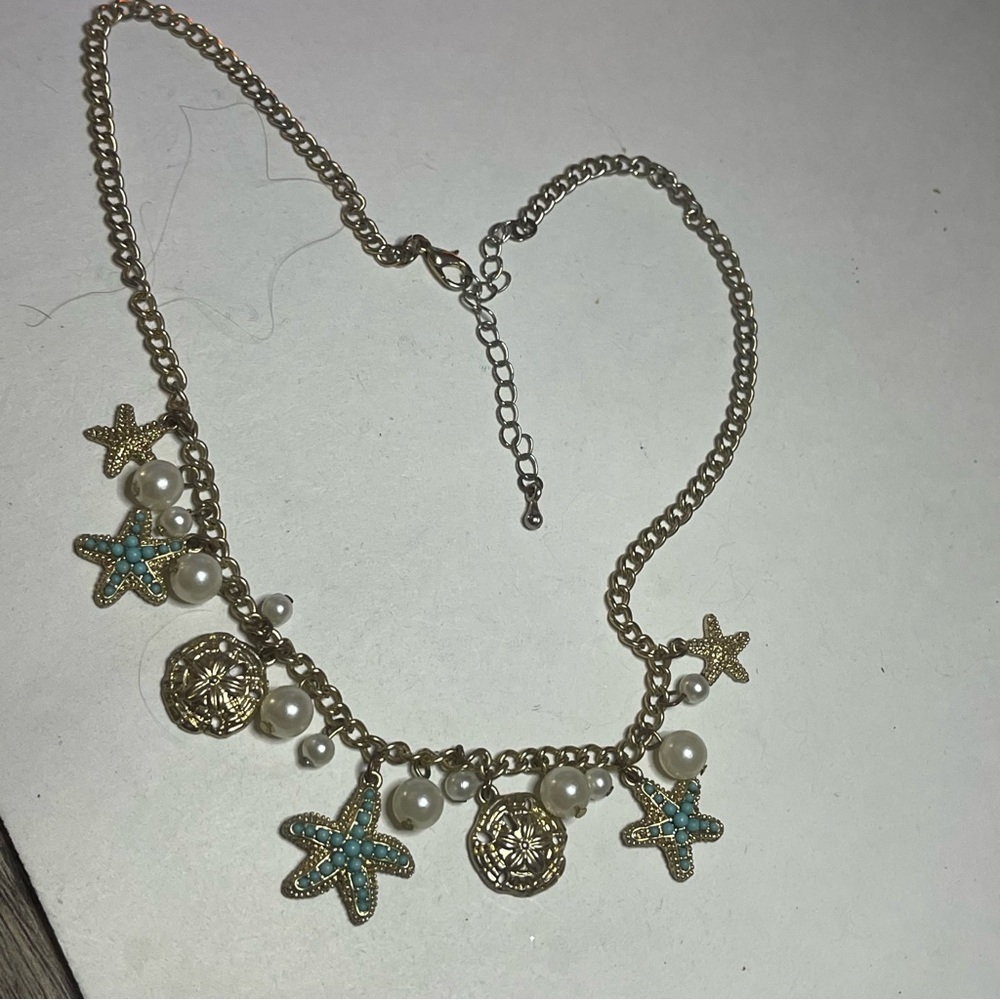 Vintage Beach Natural Blue Turquoise Starfish Shell Gold Pearl Charm Necklace - Picture 7 of 11